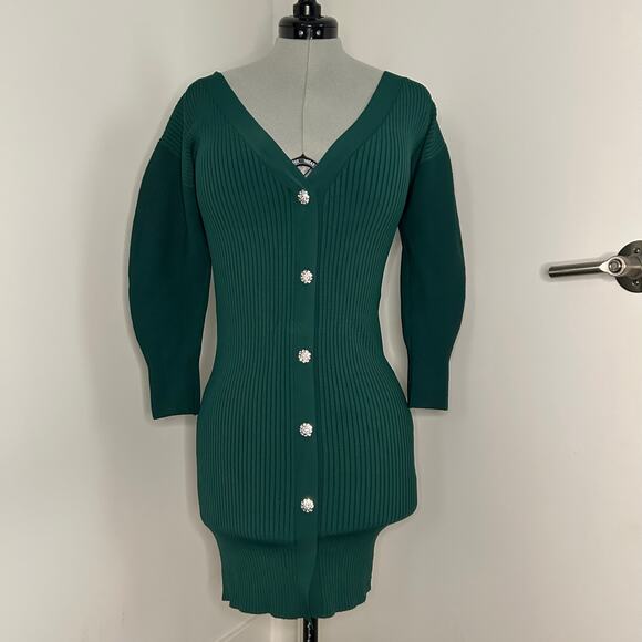 Express Emerald Green Long Sleeve Ribbed Dress Size Small - Picture 1 of 7